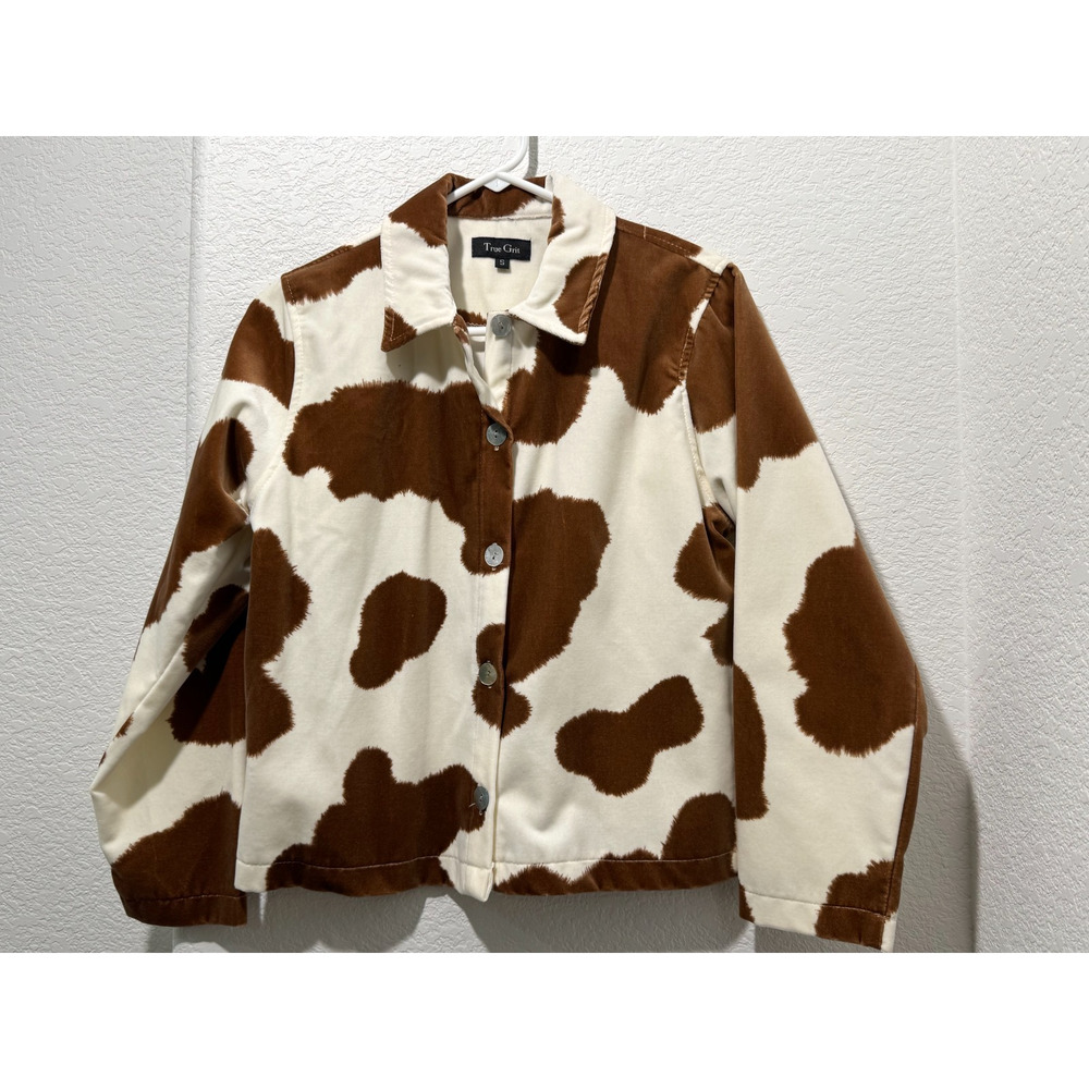 True Grit PONY Cow Print Womens Button Up Shirt Top Jacket Velvet Sz S Western